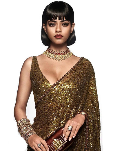 Sabyasachi Mehendi Green Sequins Party Wear Saree With Blouse